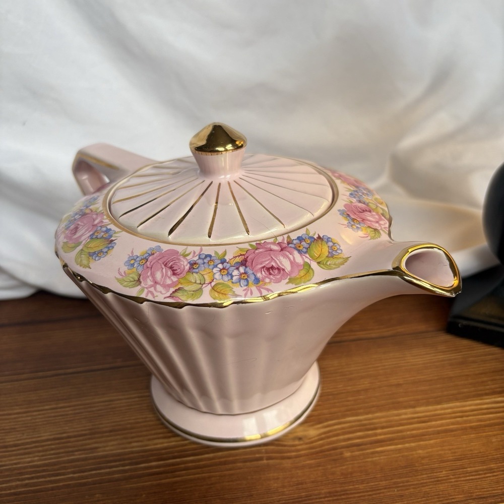 Vintage Sadler Pink Art Deco Teapot Starburst Floral Gold Gilt England 1940s - Picture 5 of 16